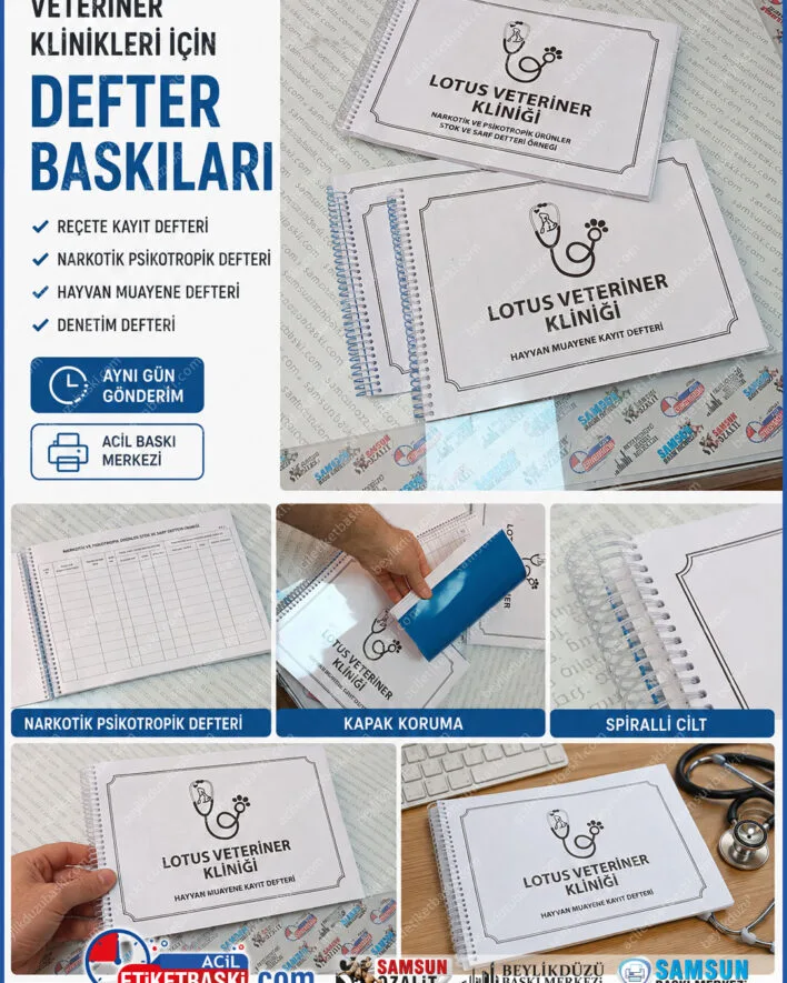 veteriner defter baskisi, recete kayit defteri, narkotik psikotropik defteri, hayvan muayene defteri, veteriner denetim defteri, spiralli veteriner defteri, acil defter baski, samsun baski merkezi, veteriner zorunlu defterler, ayni gun gonderim defter