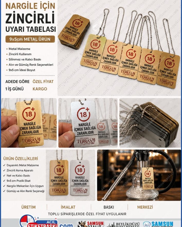 nargile uyari tabelasi, zincirli metal tabela, nargile etiket, 9x5cm metal tabela, altin renk metal tabela, gumus renk metal tabela, cafe uyari tabelasi, nargile aksesuar, imalat metal tabela, acil baski merkezi