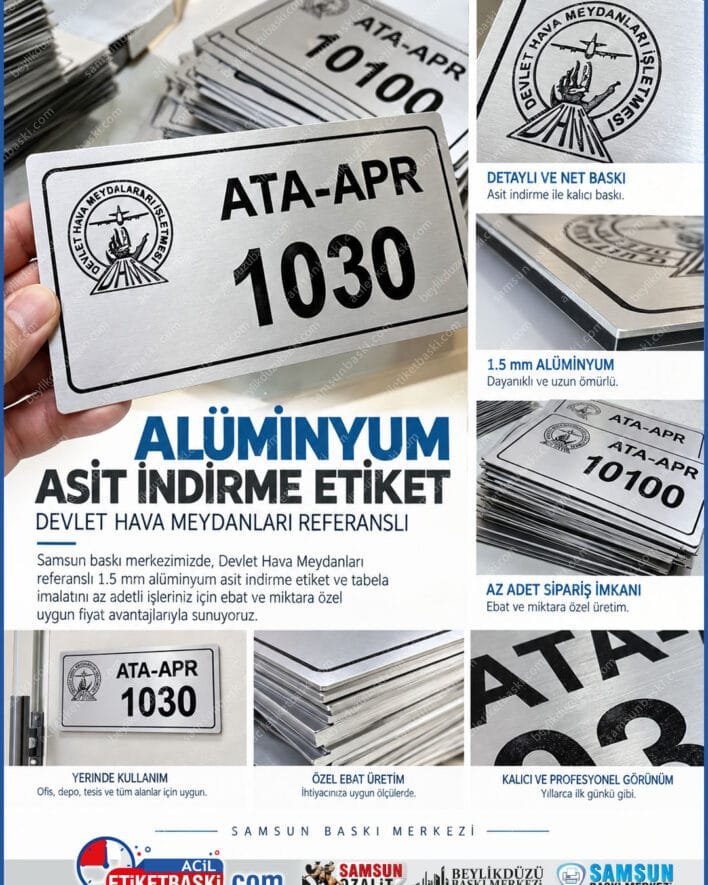 asit indirme etiket, aluminyum asit indirme, 1.5mm aluminyum etiket, metal asit oyma, dhmi etiket imalati, az adet metal tabela, kimyasal asindirma tabela, endustriyel metal etiket, samsun baski merkezi, acil metal baski