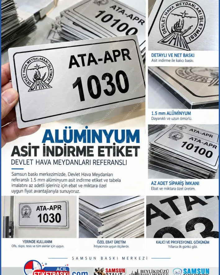 asit indirme etiket, aluminyum asit indirme, 1.5mm aluminyum etiket, metal asit oyma, dhmi etiket imalati, az adet metal tabela, kimyasal asindirma tabela, endustriyel metal etiket, samsun baski merkezi, acil metal baski