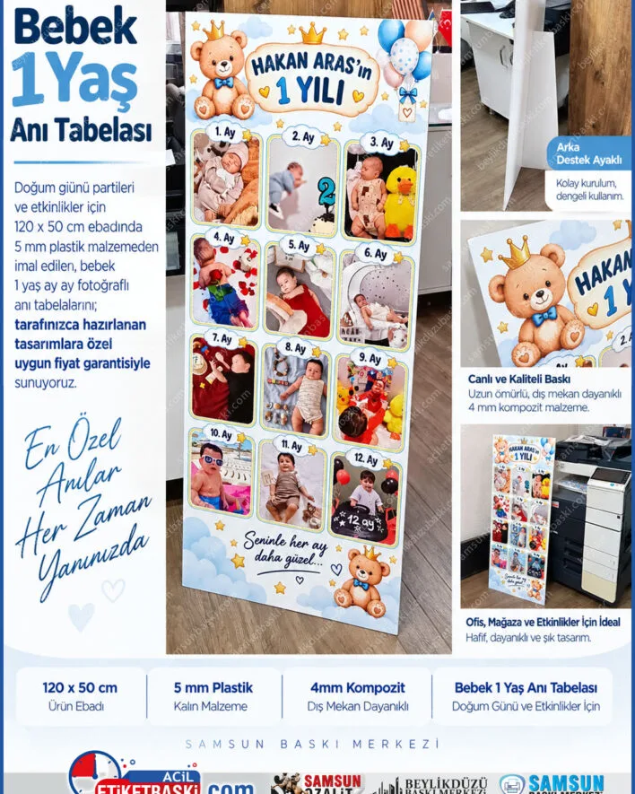 1 yas bebek tabelasi, ay ay bebek tabelasi, ayakli an kosesi pano, 120x50cm ayakli tabela, 5mm dekota pano, parti karsilama tabelasi, bebek dogum gunu panosu, ayakli plastik tabela, samsun parti tabelasi, samsun baski merkezi