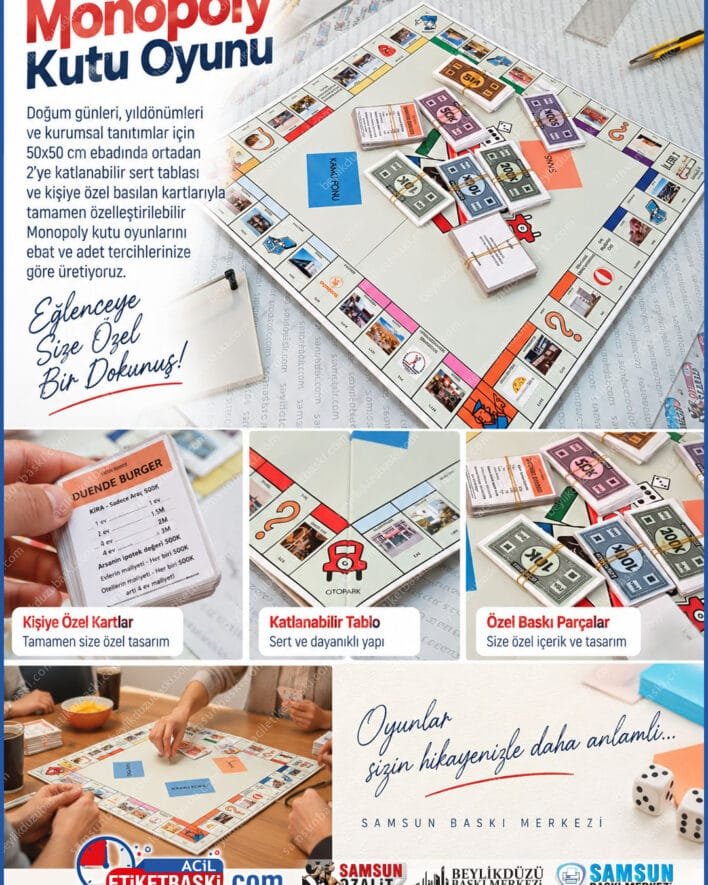 ozel tasarim monopoly, kişiye ozel kutu oyunu, monopoly kart baskisi, katlanir oyun tablasi, 50x50cm monopoly, kisiye ozel oyun tahtasi, kurumsal monopoly baski, ozel hediye kutu oyunu, samsun kutu oyunu baski, samsun baski merkezi