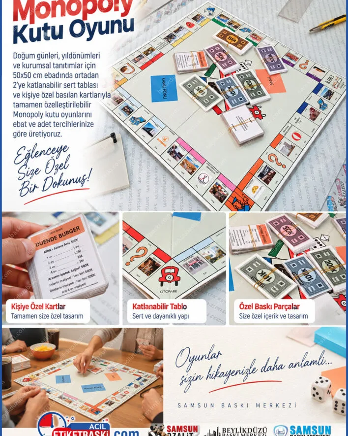 ozel tasarim monopoly, kişiye ozel kutu oyunu, monopoly kart baskisi, katlanir oyun tablasi, 50x50cm monopoly, kisiye ozel oyun tahtasi, kurumsal monopoly baski, ozel hediye kutu oyunu, samsun kutu oyunu baski, samsun baski merkezi