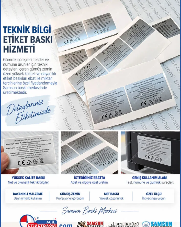 gumruk etiket baski, numune urun etiketi, test urun etiketi, gumus etiket baski, silver folyo etiket, teknik urun etiketi, metalik etiket baski, ithalat gumruk etiketi, samsun etiket baski, samsun baski merkezi