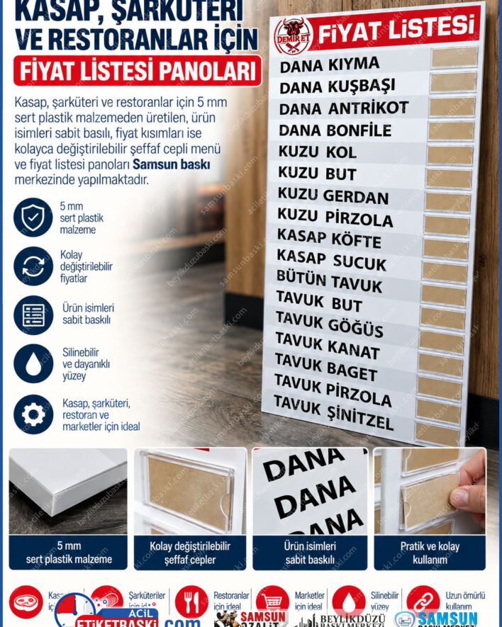 degisebilir fiyat panosu, menutabelasi, 5mm dekota fiyat listesi, kasap fiyat panosu, cepli fiyat listesi, plastik menutabelasi, asetat cepli tabela, sarkuteri fiyat panosu, samsun menubaski, samsun baski merkezi
