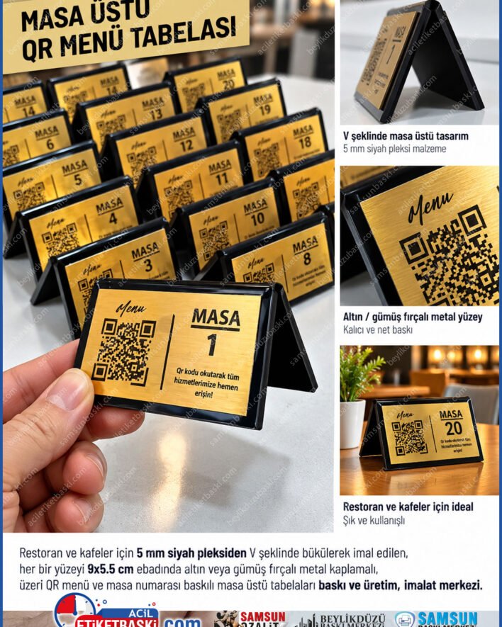 ucgen masa tabelasi, v bukum qr tabela, siyah pleksi qr menü, fircali metal masa numarasi, masa ustu qr tabela, 5mm pleksi masa numarasi, cafe menü panosu, cift tarafli qr menü, samsun qr tabela, samsun baski merkezi