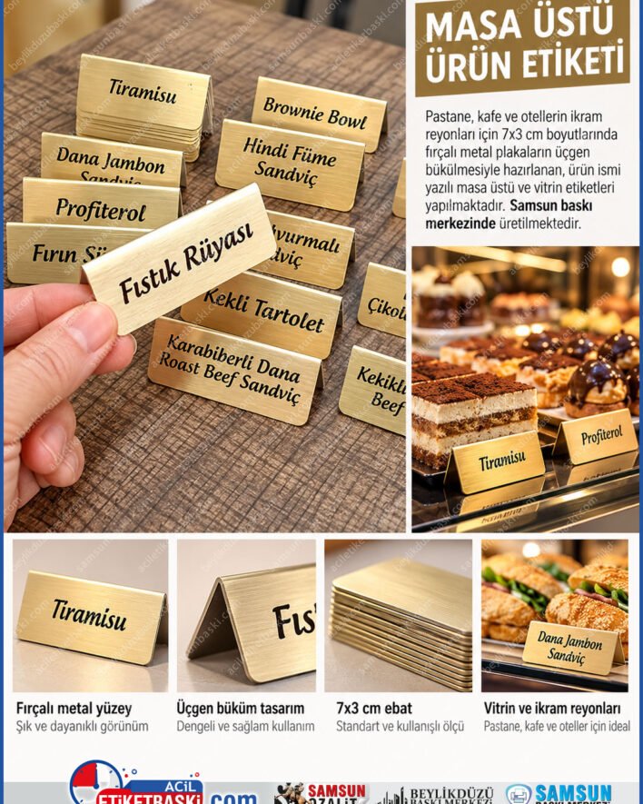 7x3 cm ucgen etiket, metal masa ustu etiket, vitrin isimlik etiketi, ucgen bukum etiket, fircali metal etiket, pastane etiket panosu, açık bufe etiket, kafe masa ustu isimlik, samsun metal etiket, samsun baski merkezi