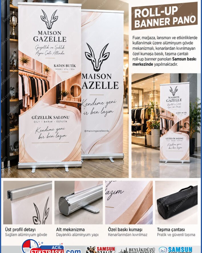 roll up banner baski, rollup tabela, acilir kapanir banner, fuar banner baski, aluminyum rollup, magaza ici reklam panosu, tasinabilir reklam panosu, samsun rollup baski, samsun reklam tabela, samsun baski merkezi