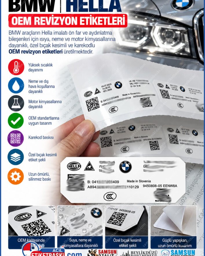 bmw far etiketi, hella far etiketi, oto far etiketi revizyon, bmw oem etiket, datamatrix far etiketi, bicak kesim far etiketi, motor ici far etiketi, oto restorasyon etiket, samsun oto etiket, samsun baski merkezi