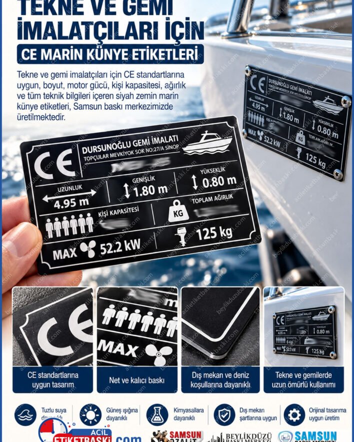 tekne kunye etiketi, gemi imalat etiketi, ce tekne etiketi, marin etiket baski, tekne teknik bilgi etiketi, dursonoglu gemi etiket, siyah zemin marin etiket, deniz suyuna dayanikli etiket, samsun marin baski, samsun baski merkezi