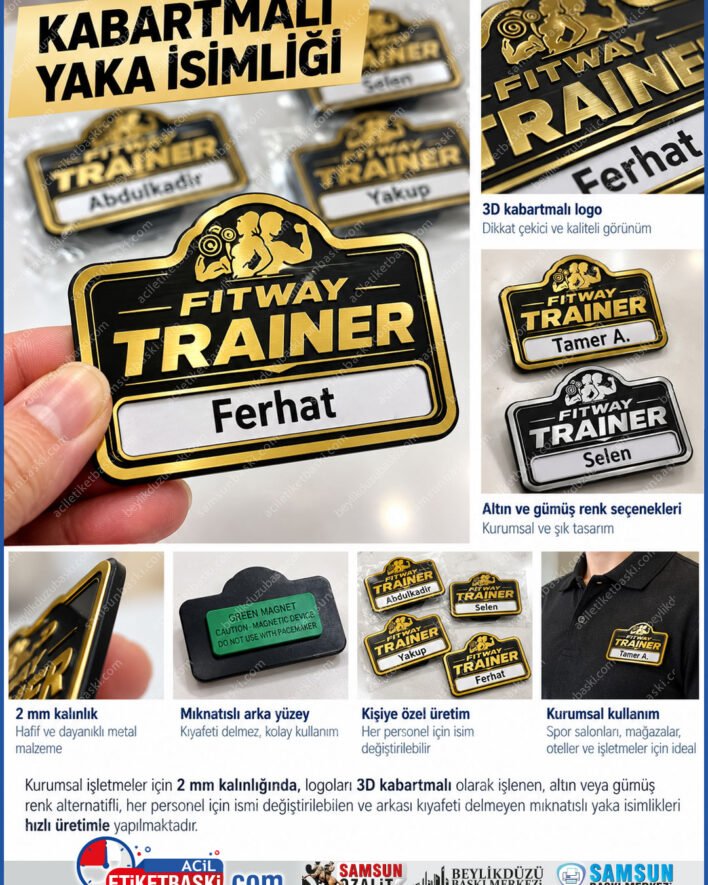 gym yaka isimligi, fitness antrenor karti, spor salonu yaka karti, personal trainer isimlik, 3d kabartmali gym karti, miknatisli sporcu isimligi, altın gümüş gym etiket, 2mm yaka karti, samsun gym baski, samsun baski merkezi