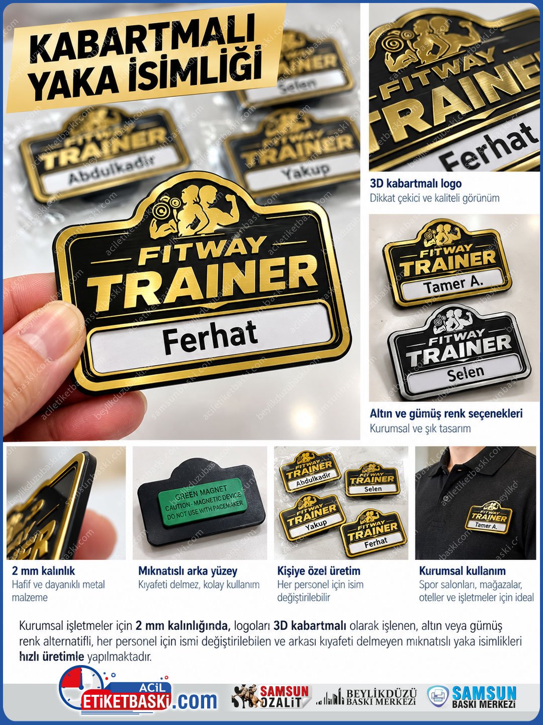 fitness-ve-gym-salonu-icin-3d-kabartmali-logolu-miknatisli-personel-yaka-isimligi gym yaka isimligi, fitness antrenor karti, spor salonu yaka karti, personal trainer isimlik, 3d kabartmali gym karti, miknatisli sporcu isimligi, altın gümüş gym etiket, 2mm yaka karti, samsun gym baski, samsun baski merkezi