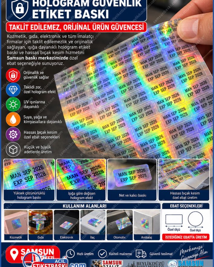hologram etiket baski, guvenlik hologrami, orijinallik etiketi, hologram sticker kesim, tarih baskili hologram, garanti hologram etiket, lazer hologram etiket, sökülünce iz birakan etiket, samsun etiket baski, samsun baski merkezi