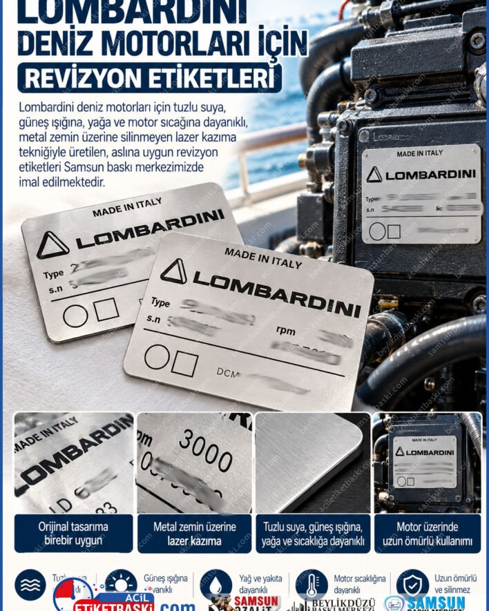 lombardini motor etiketi, lombardini marin etiket, tekne motoru kunyesi, metal tekne etiketi, lazer baskili sasi etiketi, deniz suyuna dayanikli etiket, lombardini revizyon, marin metal etiket, samsun marin baski, samsun baski merkezi