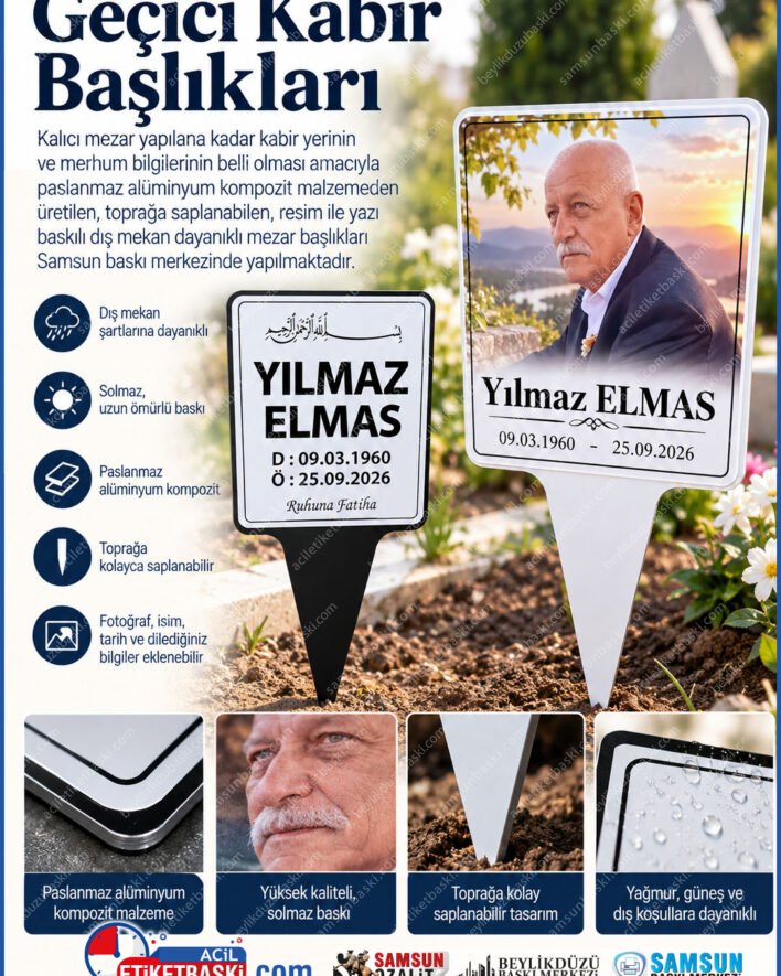 mezar basligi levhasi, kompozit mezar basligi, gecici mezar tabelasi, paslanmaz mezar basligi, resimli mezar basligi, kabir isimligi, dis mekan mezar levhasi, samsun mezar basligi, samsun kabir tabelasi, samsun baski merkezi