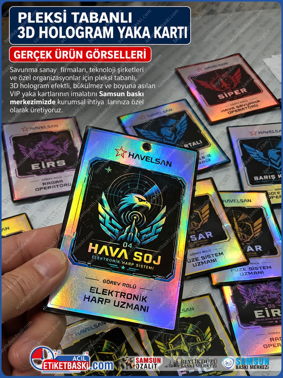 pleksi-ve-hologram-baskili-boyuna-asilan-ozel-yaka-karti hologram yaka karti, pleksi yaka karti, özel tasarım yaka karti, vip yaka karti, boyuna asilan kart, havacilik yaka karti, hologram baskili kart, kurumsal akreditasyon karti, samsun yaka karti, samsun baski merkezi