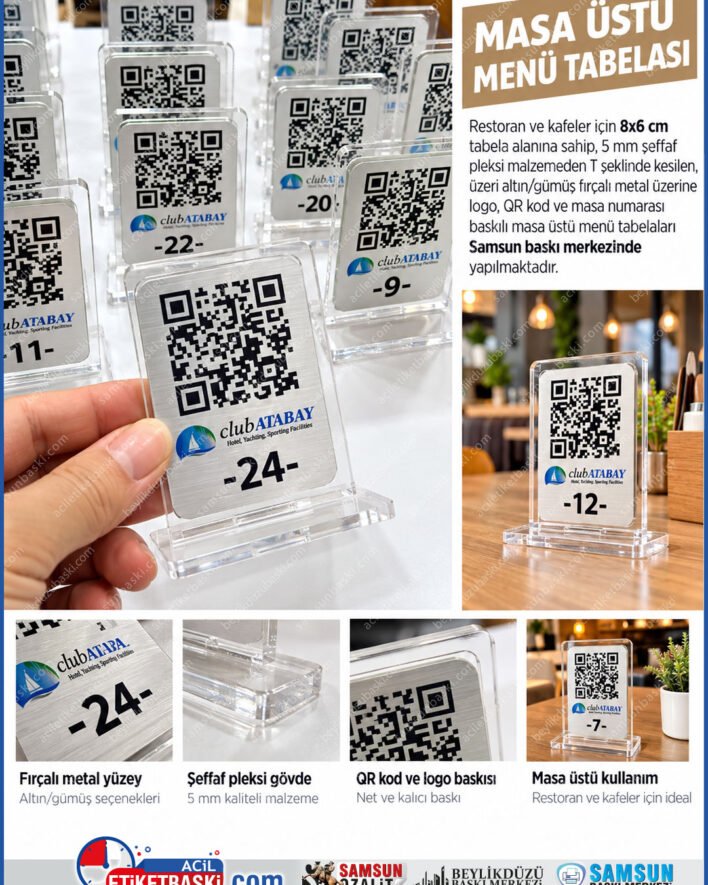 t masa tabelasi, qr menu tabelasi, pleksi qr tabela, masa numarasi qr, fircali metal qr tabela, 5mm pleksi tabela, masa ustu qr menü, cafe qr menü panosu, samsun qr tabela, samsun baski merkezi